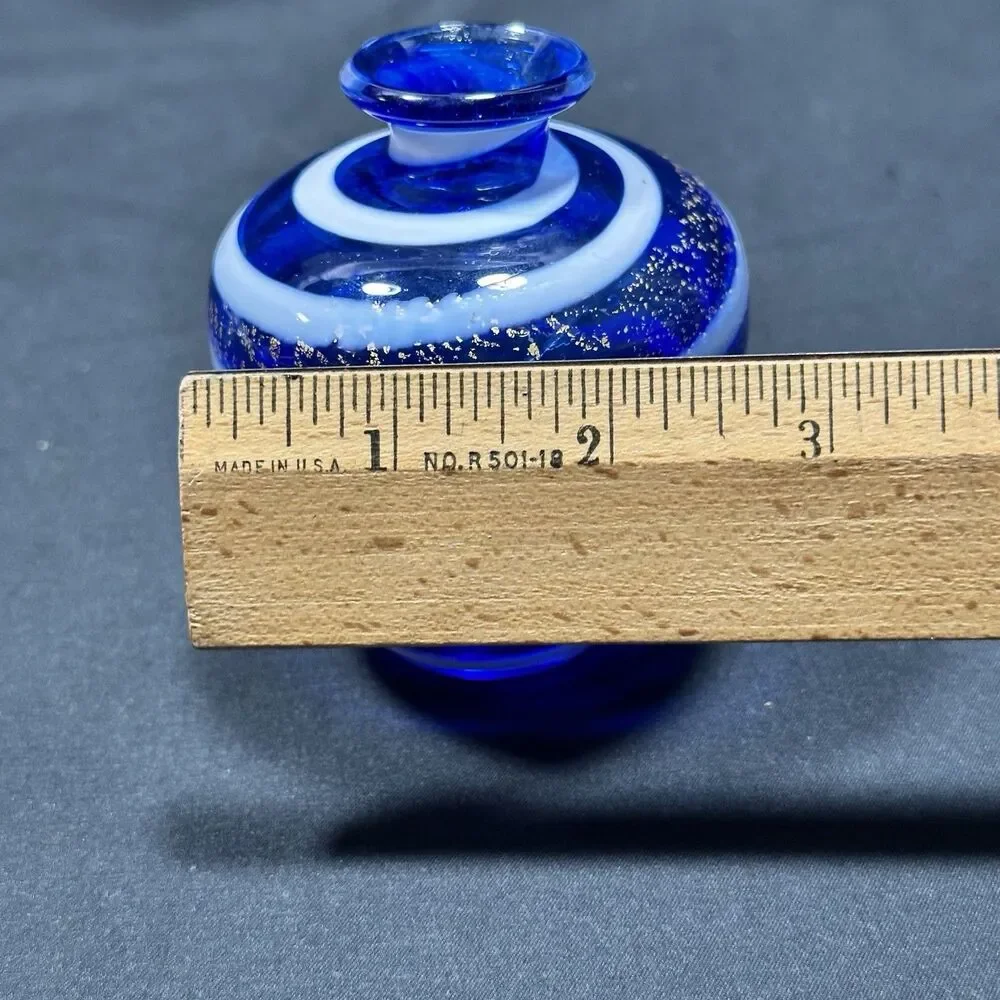 Bud Vase Cobalt Blue Art Glass White Swirl Gold Splat Mini 5oz 3.5x2.5xno Issues